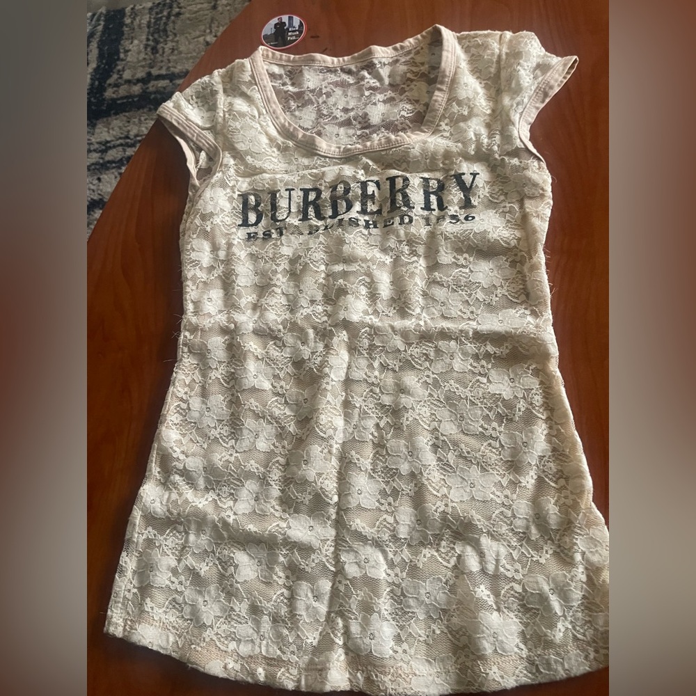 Burberry Cream Lace Logo Tee Dress with Scoop Neck